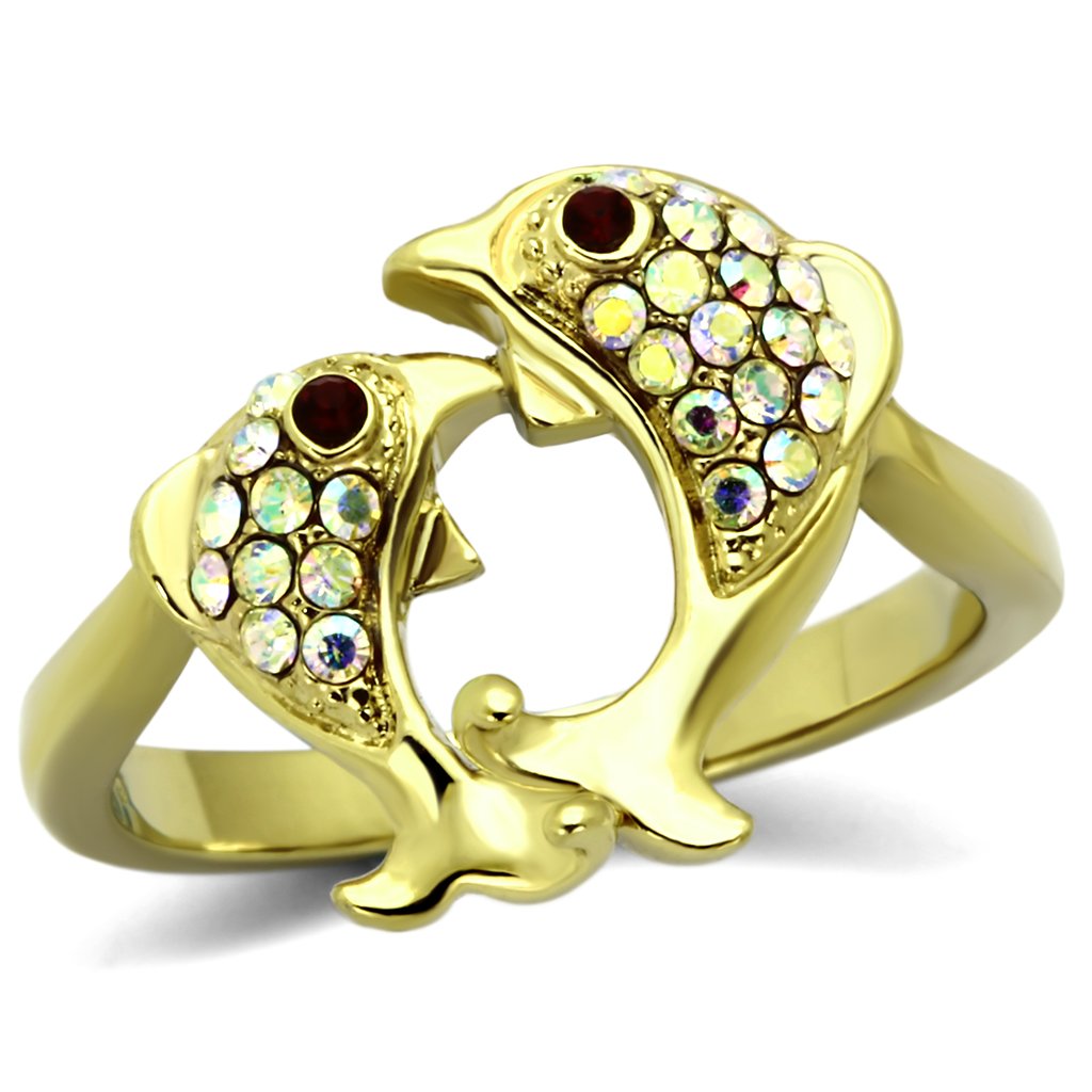 JCE1023 IP Gold(Ion Plating) Stainless Steel Ring with Top Grade Crystal in Multi Color