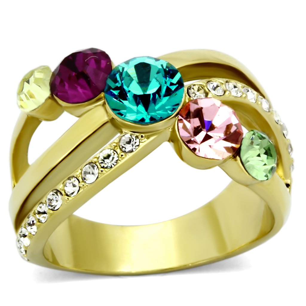 JCE1031 IP Gold(Ion Plating) Stainless Steel Ring with Top Grade Crystal in Multi Color