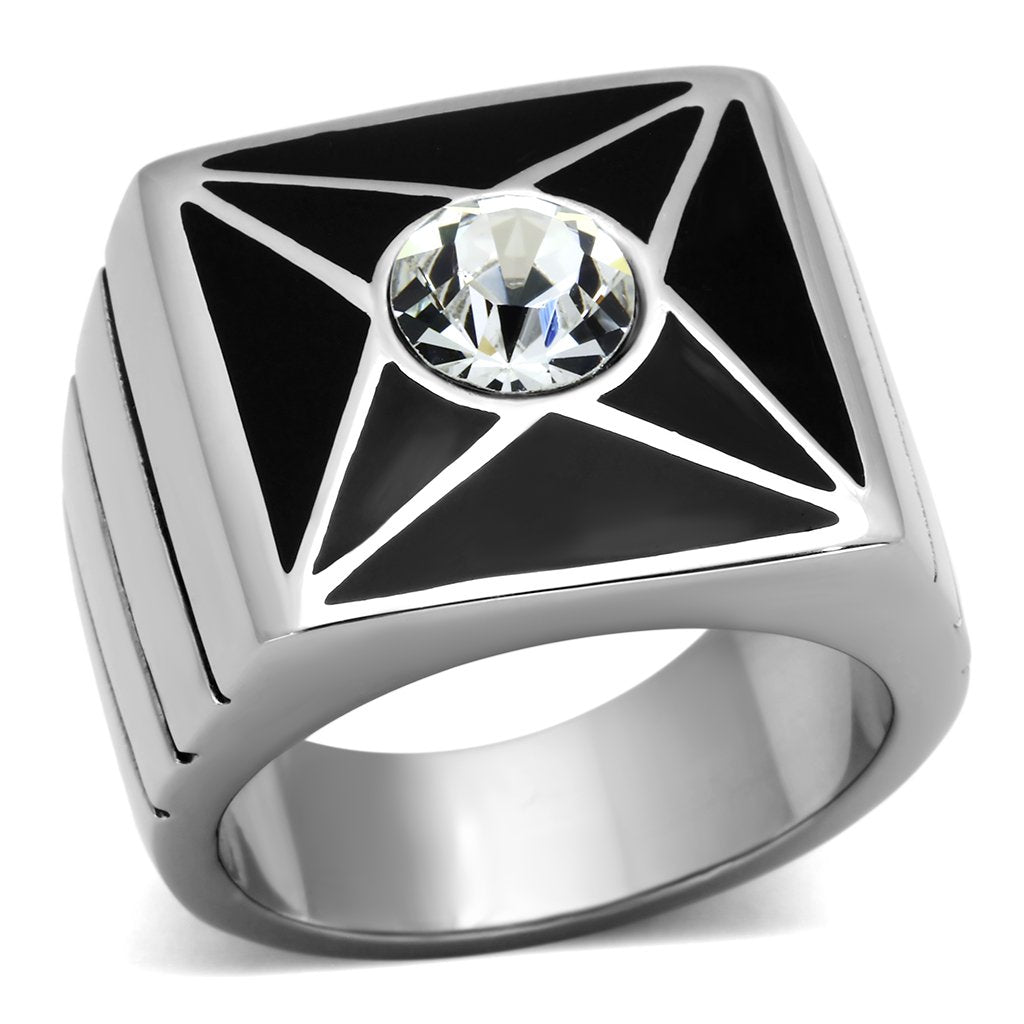 JCE1049 High polished (no plating) Stainless Steel Ring with Top Grade Crystal  in Clear