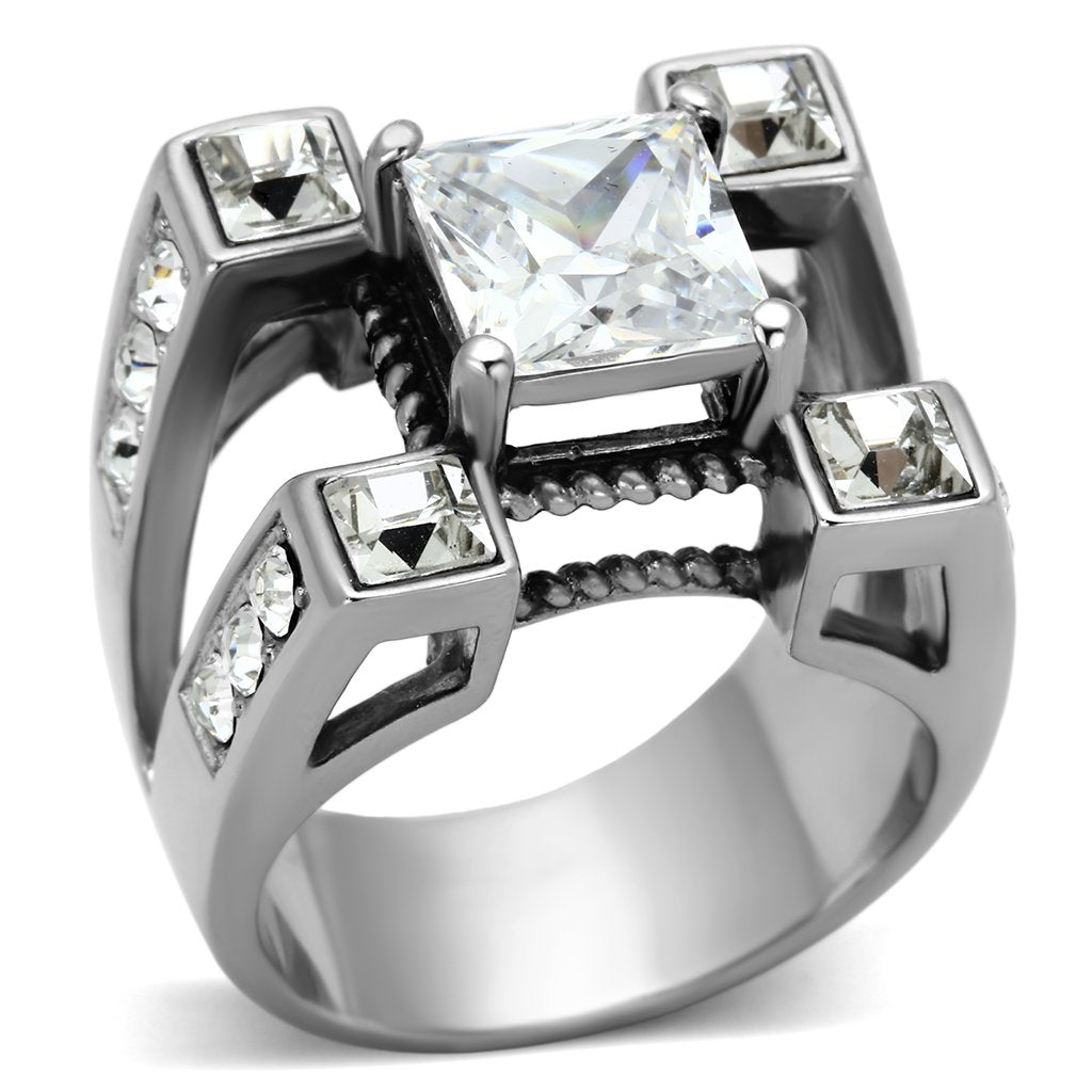 JCE1072 High polished (no plating) Stainless Steel Ring with AAA Grade CZ  in Clear