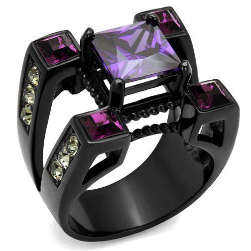 JCE1072J IP Black(Ion Plating) Stainless Steel Ring with AAA Grade CZ in Amethyst