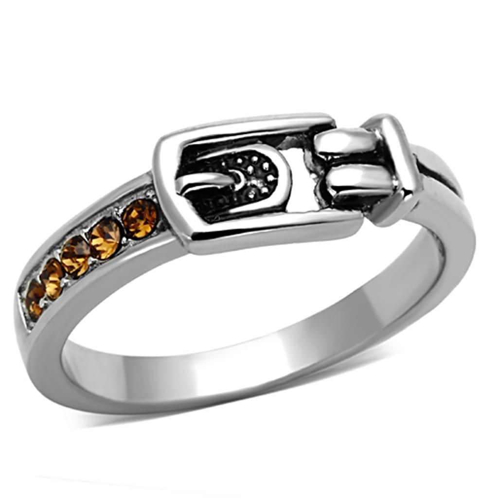 JCE1079 High polished (no plating) Stainless Steel Ring with Top Grade Crystal in Smoked Quartz