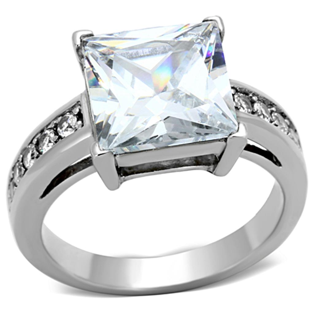 JCE1081 High polished (no plating) Stainless Steel Ring with AAA Grade CZ in Clear