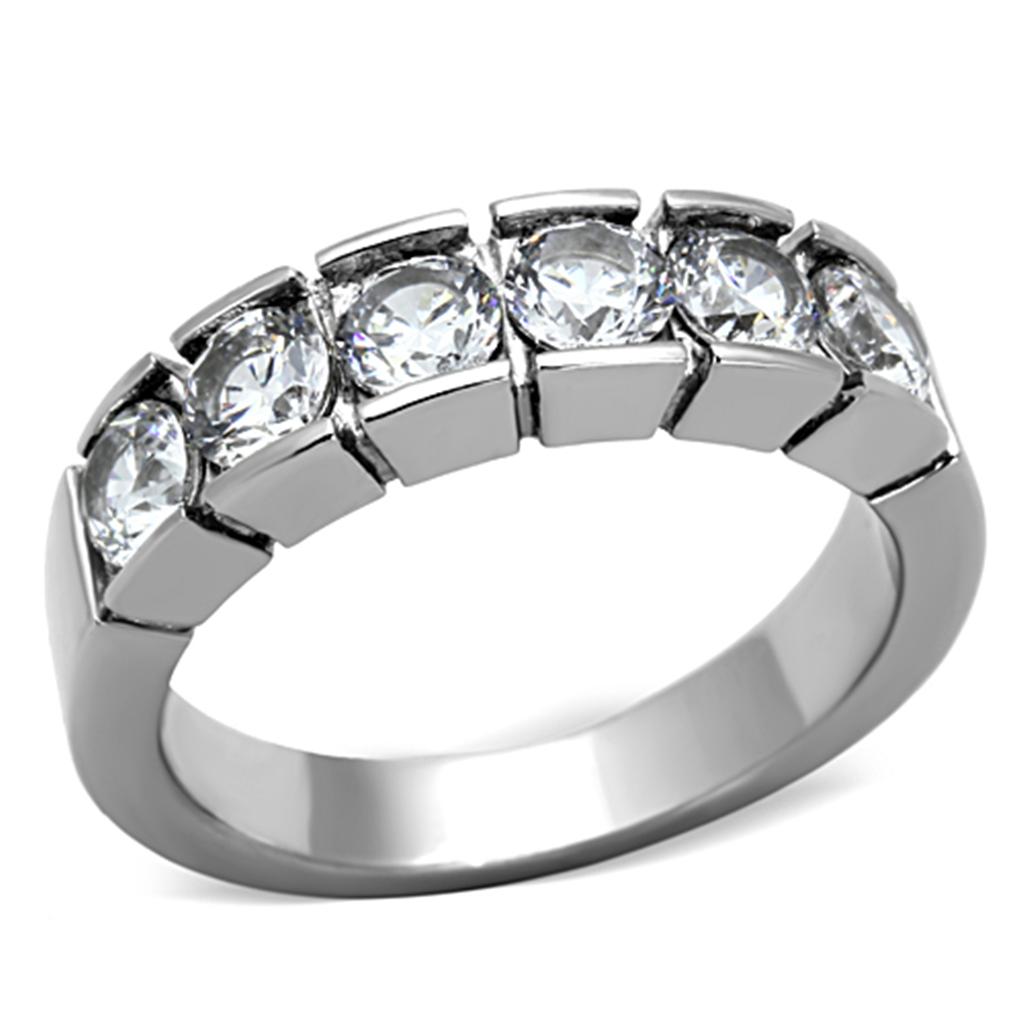 JCE1082 High polished (no plating) Stainless Steel Ring with AAA Grade CZ in Clear