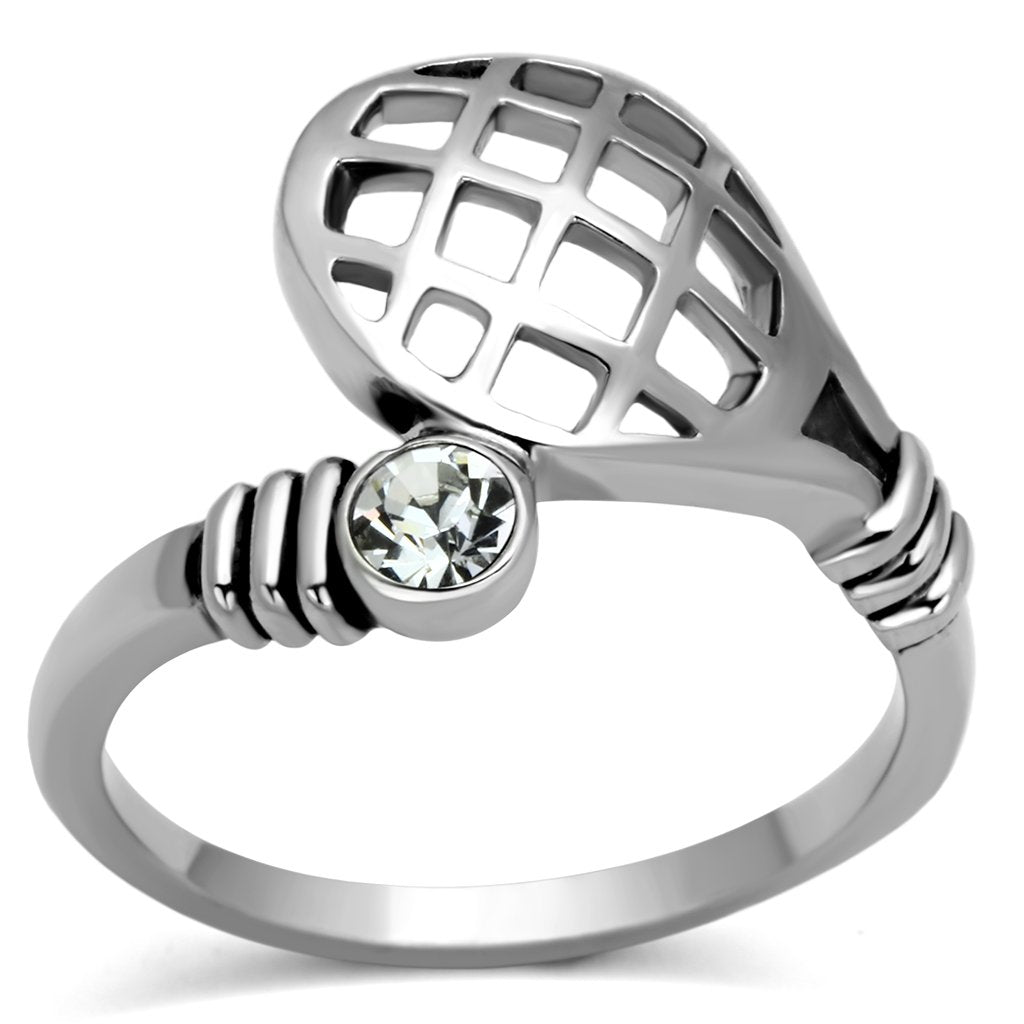 JCE1083 High polished (no plating) Stainless Steel Ring with Top Grade Crystal in Clear