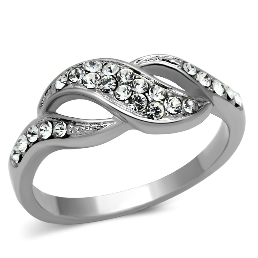 JCE1085 High polished (no plating) Stainless Steel Ring with Top Grade Crystal in Clear