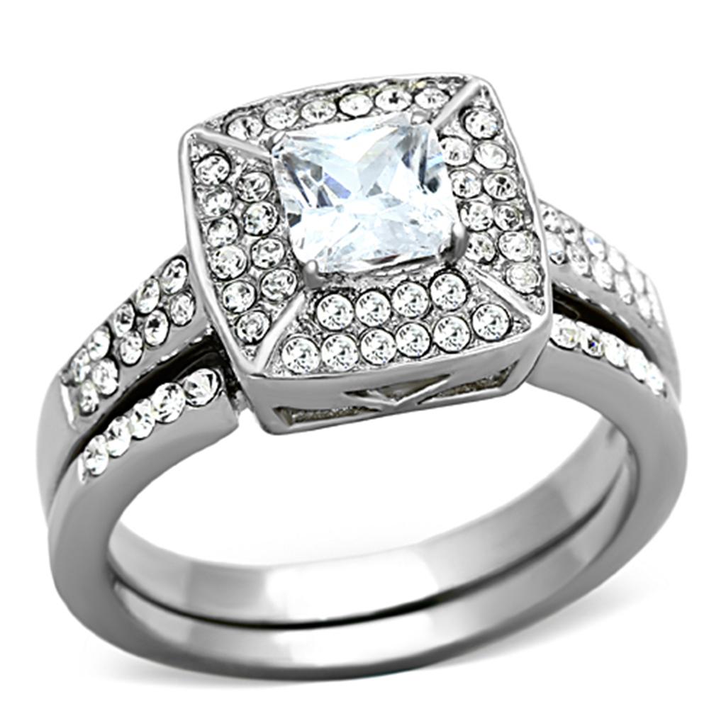 JCE1088 High polished (no plating) Stainless Steel Ring with AAA Grade CZ in Clear