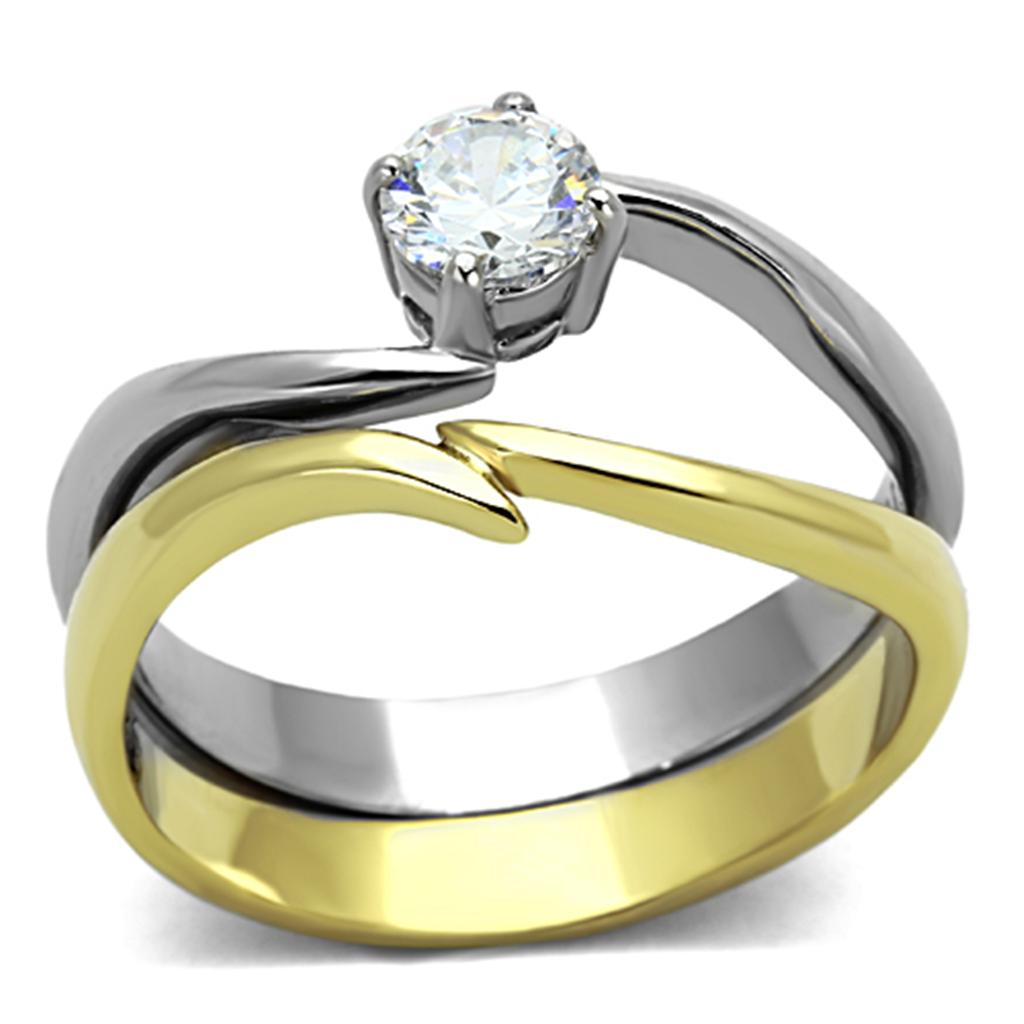JCE1092 Two-Tone IP Gold (Ion Plating) Stainless Steel Ring with AAA Grade CZ in Clear