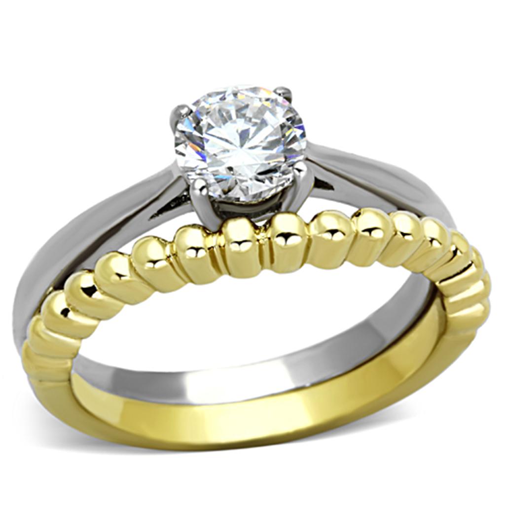 JCE1093 Two-Tone IP Gold (Ion Plating) Stainless Steel Ring with AAA Grade CZ in Clear
