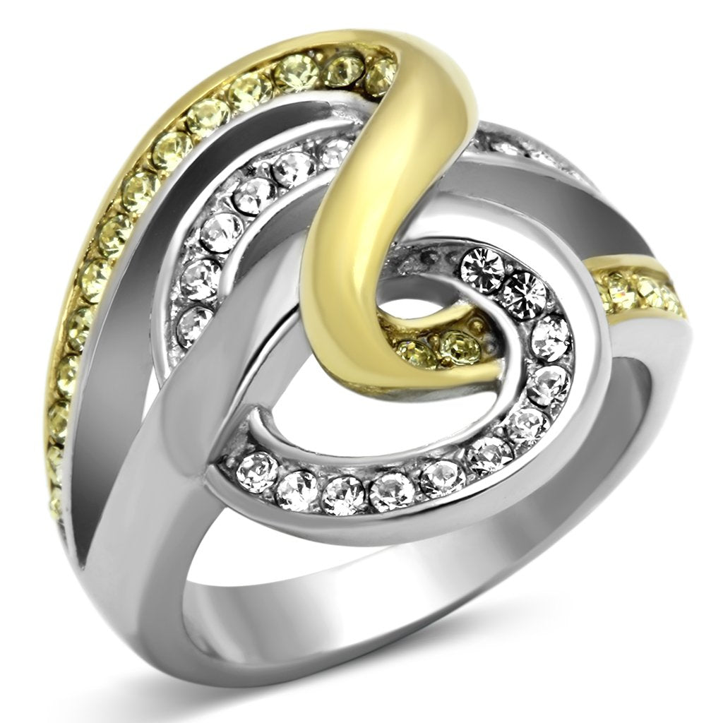 JCE1094 Two-Tone IP Gold (Ion Plating) Stainless Steel Ring with Top Grade Crystal in Citrine Yellow