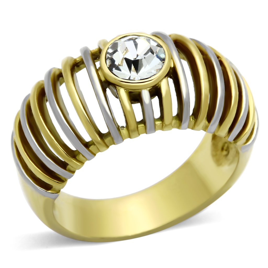 JCE1095 Two-Tone IP Gold (Ion Plating) Stainless Steel Ring with Top Grade Crystal in Clear