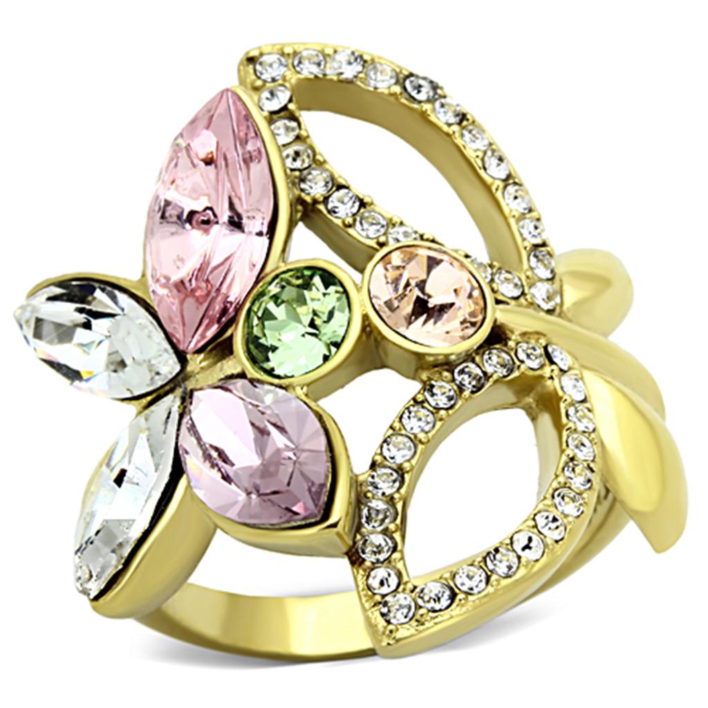 JCE1100 IP Gold(Ion Plating) Stainless Steel Ring with Top Grade Crystal in Multi Color
