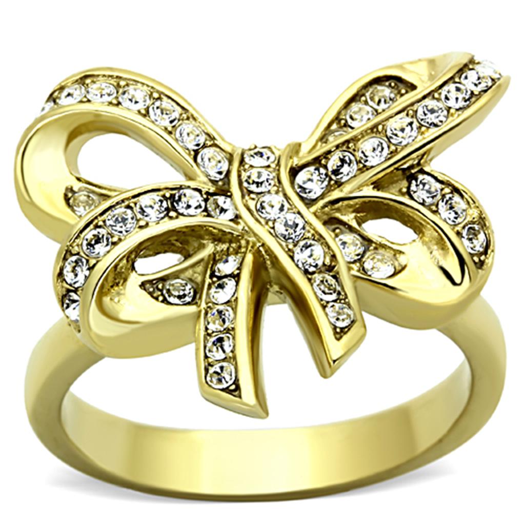 JCE1108 IP Gold(Ion Plating) Stainless Steel Ring with Top Grade Crystal in Clear