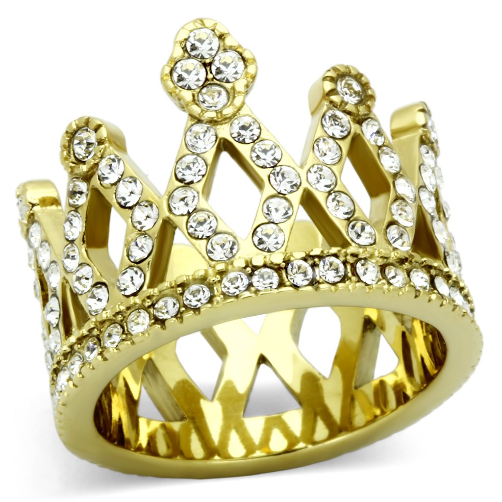 JCE1109 IP Gold(Ion Plating) Stainless Steel Ring with Top Grade Crystal in Clear