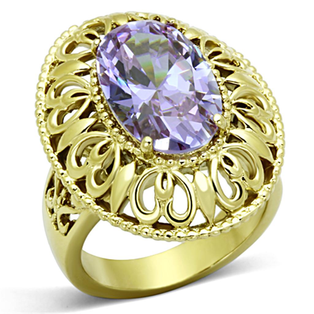 JCE1110 IP Gold(Ion Plating) Stainless Steel Ring with AAA Grade CZ in Light Amethyst