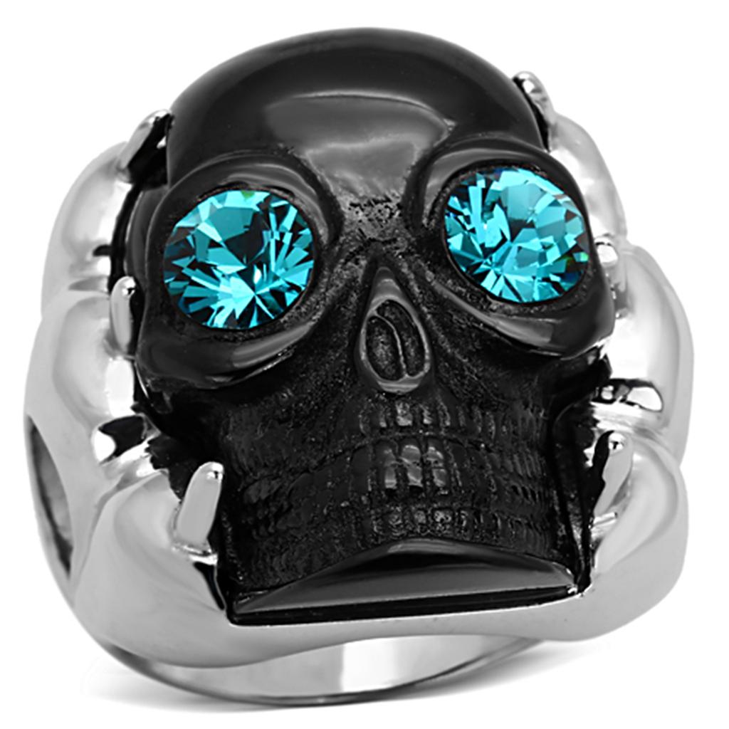 JCE1118 Two-Tone IP Black Stainless Steel Ring with Top Grade Crystal in Blue Zircon