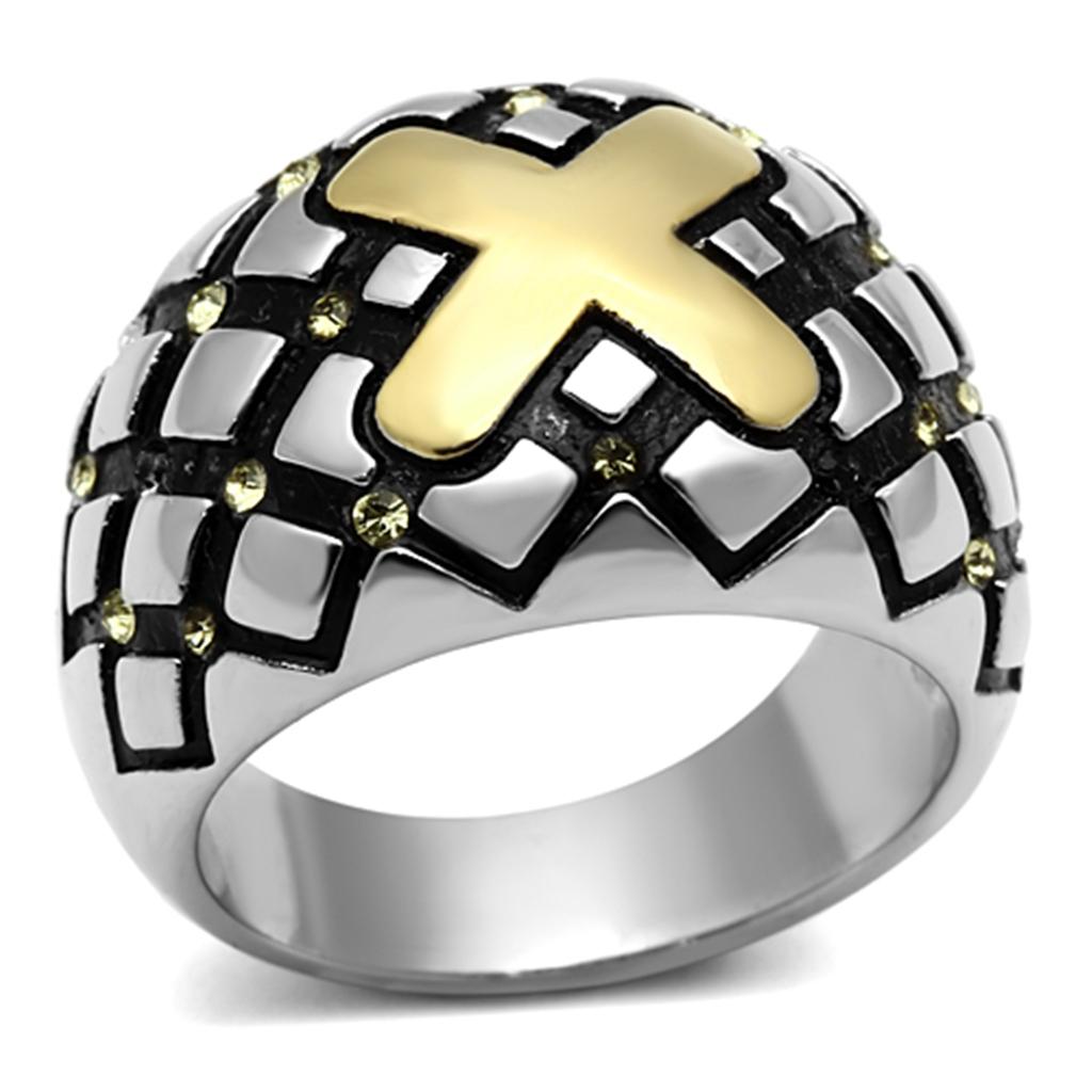 JCE1131 Two-Tone IP Gold (Ion Plating) Stainless Steel Ring with Top Grade Crystal in Citrine Yellow