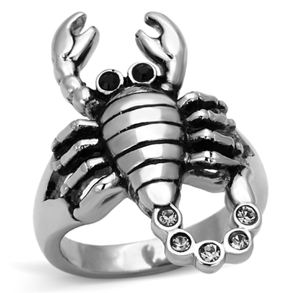 JCE1135 High polished (no plating) Stainless Steel Ring with Top Grade Crystal in Jet