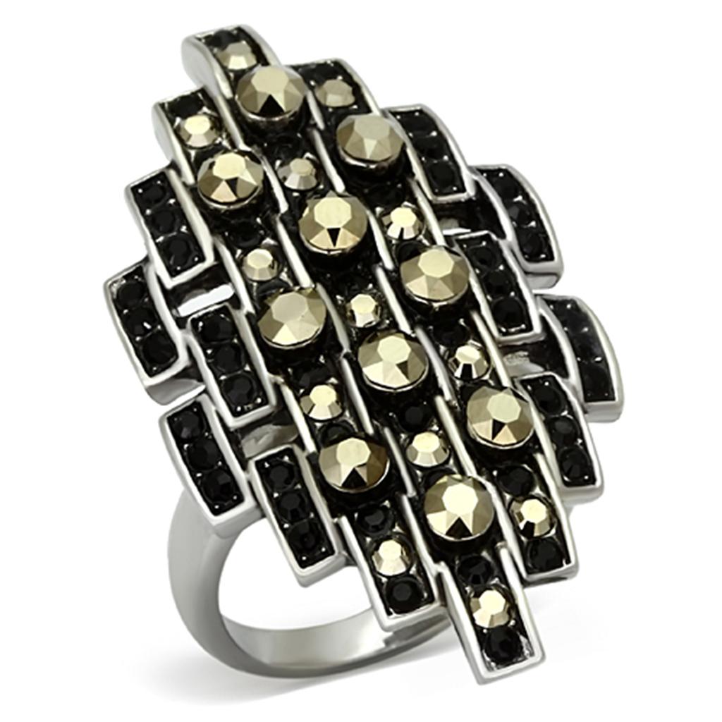 JCE1136 High polished (no plating) Stainless Steel Ring with Top Grade Crystal in Jet