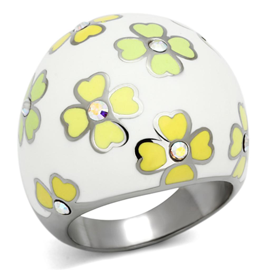 JCE1139 High polished (no plating) Stainless Steel Ring with Top Grade Crystal in Aurora Borealis (Rainbow Effect)