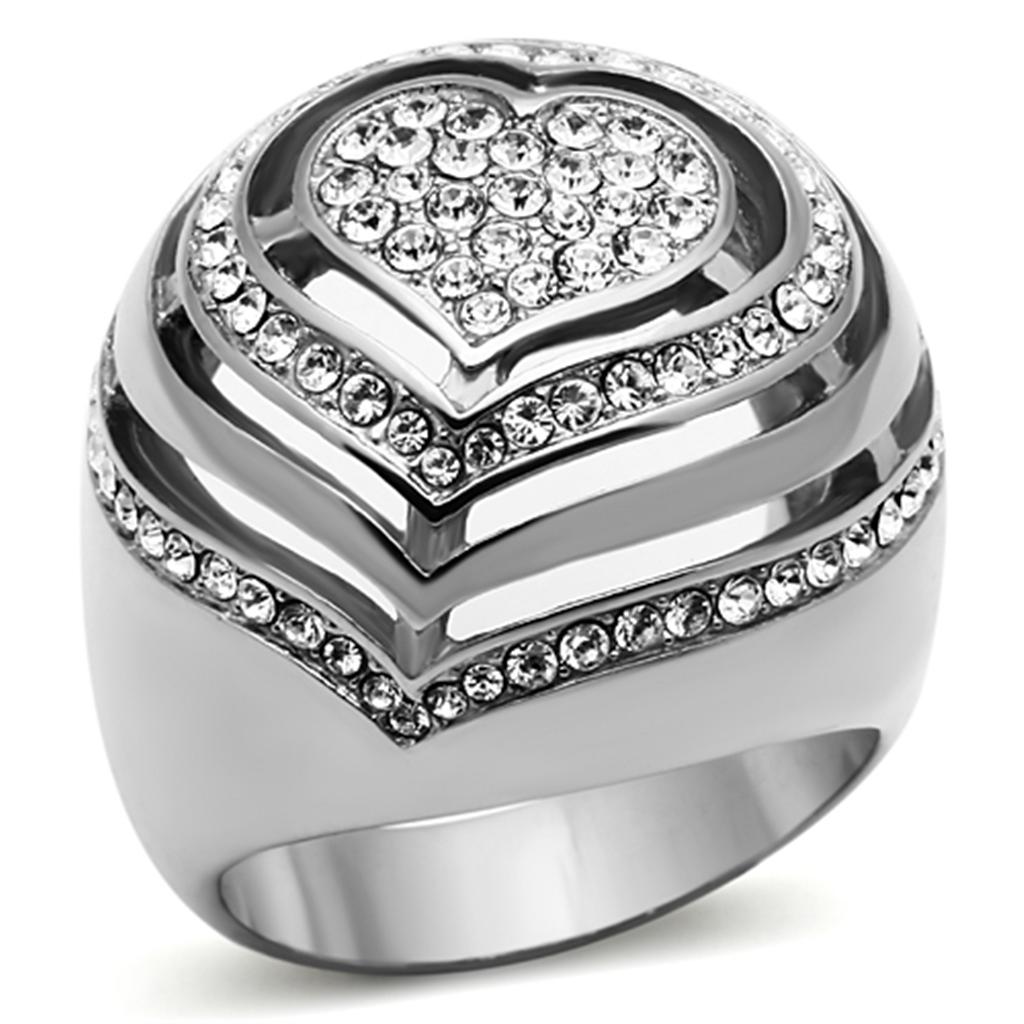 JCE1141 High polished (no plating) Stainless Steel Ring with Top Grade Crystal in Clear