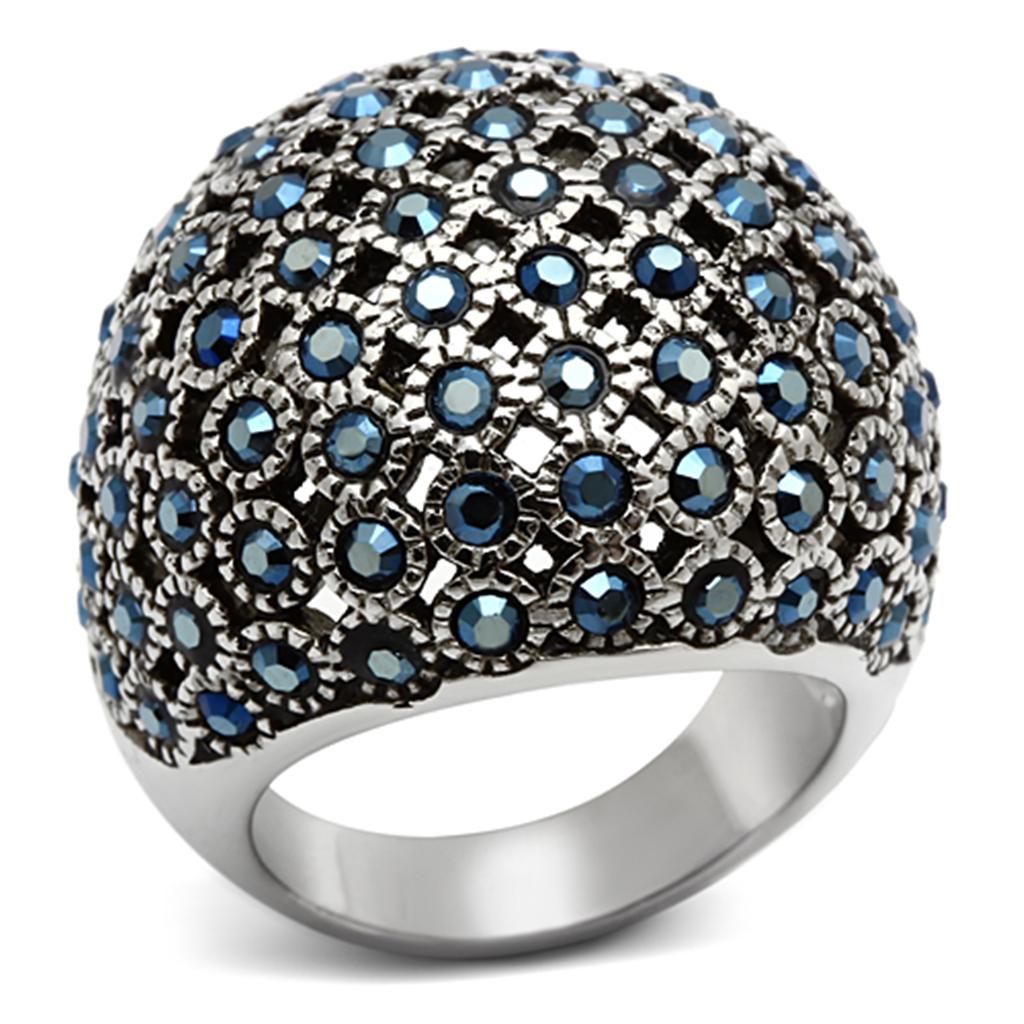 JCE1143 High polished (no plating) Stainless Steel Ring with Top Grade Crystal in Aquamarine AB