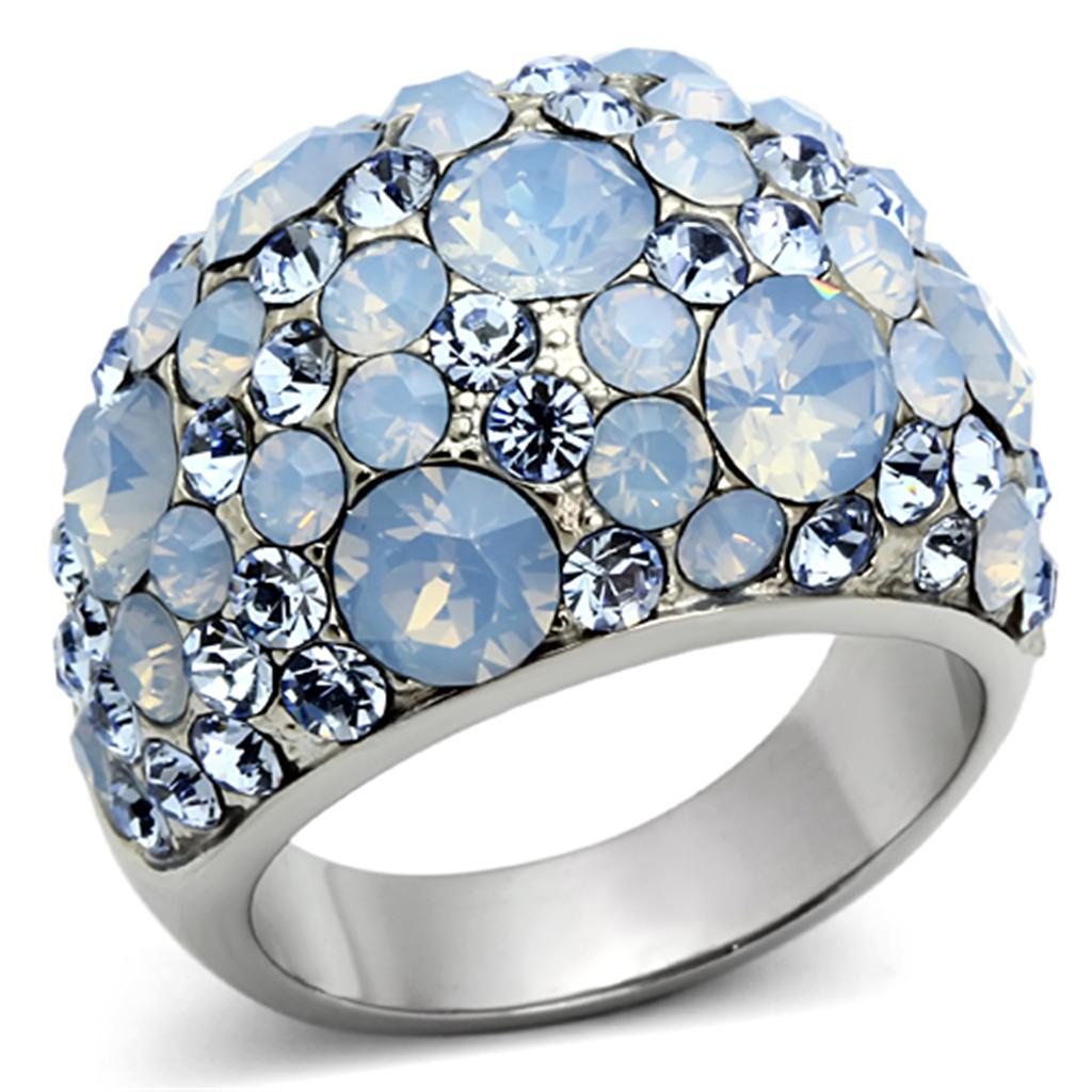 JCE1147 High polished (no plating) Stainless Steel Ring with Top Grade Crystal in Sea Blue