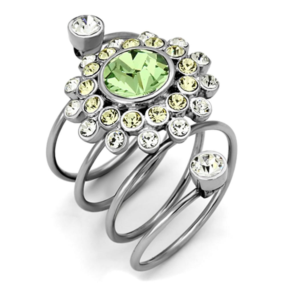 JCE1148 High polished (no plating) Stainless Steel Ring with Top Grade Crystal in Peridot