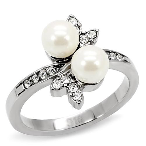 JCE116 High polished (no plating) Stainless Steel Ring with Synthetic Pearl in White
