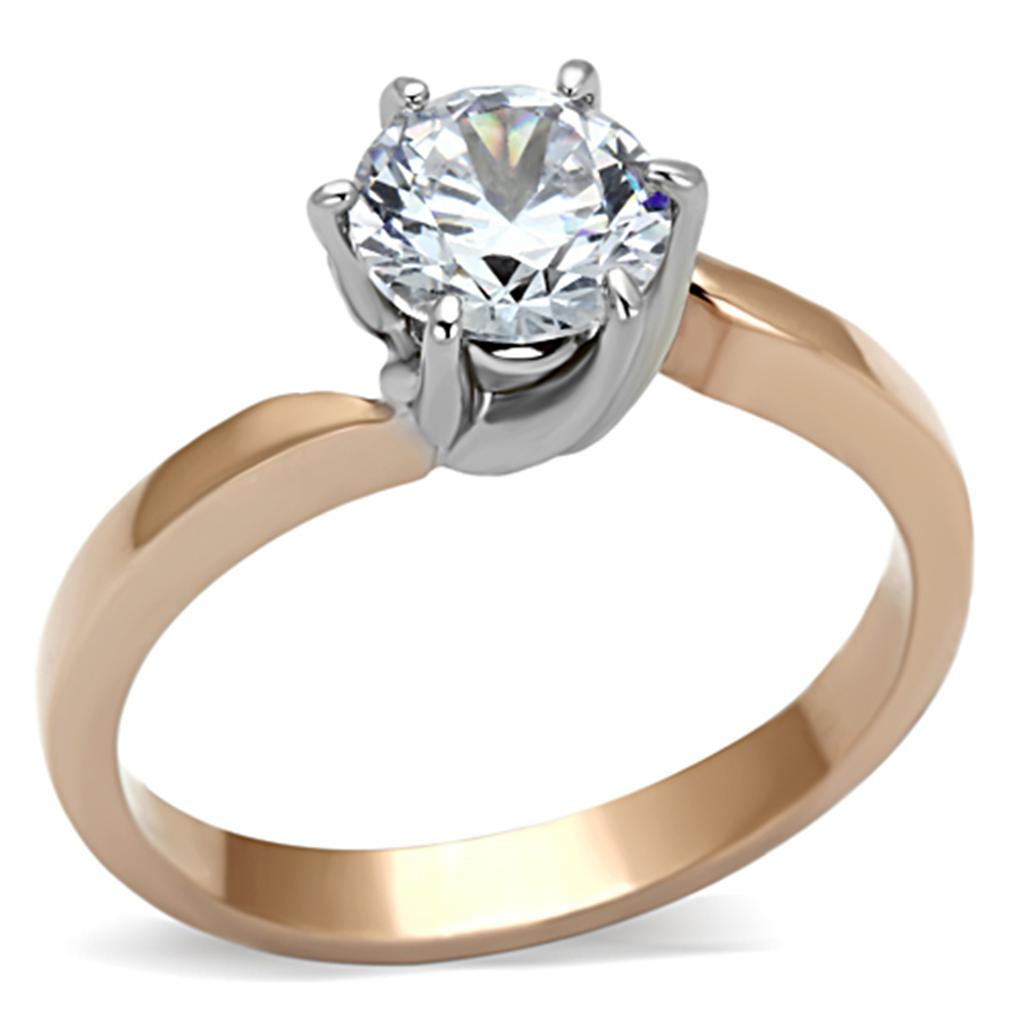 JCE1161 Two-Tone IP Rose Gold Stainless Steel Ring with AAA Grade CZ in Clear