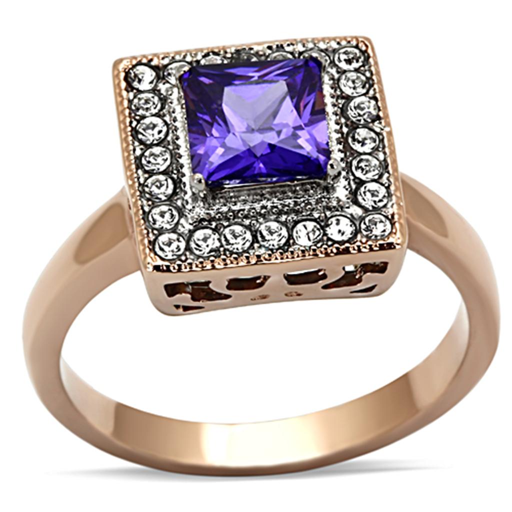 JCE1162 Two-Tone IP Rose Gold Stainless Steel Ring with AAA Grade CZ in Tanzanite
