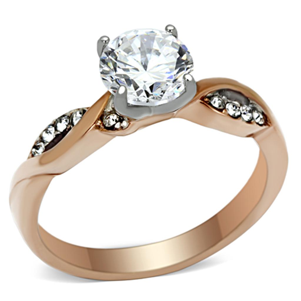 JCE1163 Two-Tone IP Rose Gold Stainless Steel Ring with AAA Grade CZ in Clear