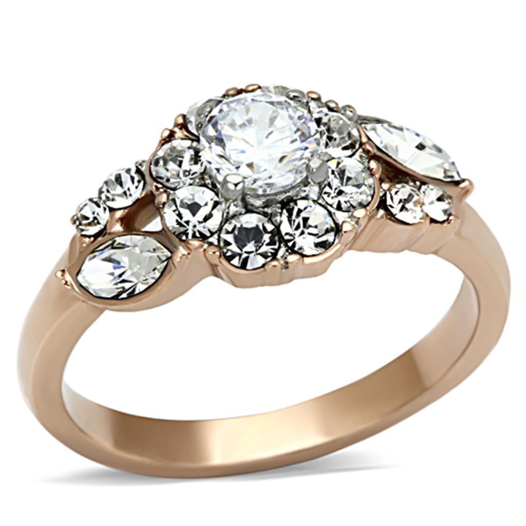 JCE1164 Two-Tone IP Rose Gold Stainless Steel Ring with AAA Grade CZ in Clear