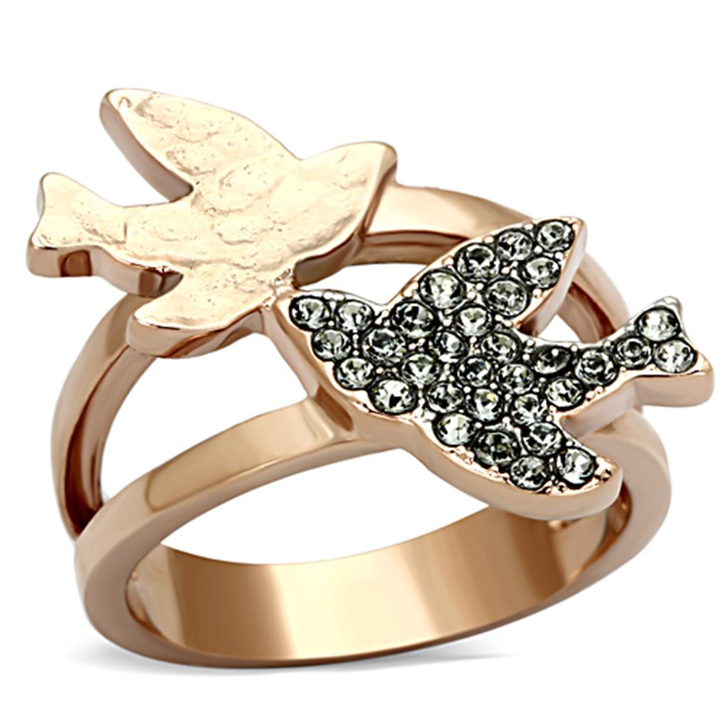 JCE1165 Two-Tone IP Rose Gold Stainless Steel Ring with Top Grade Crystal in Black Diamond