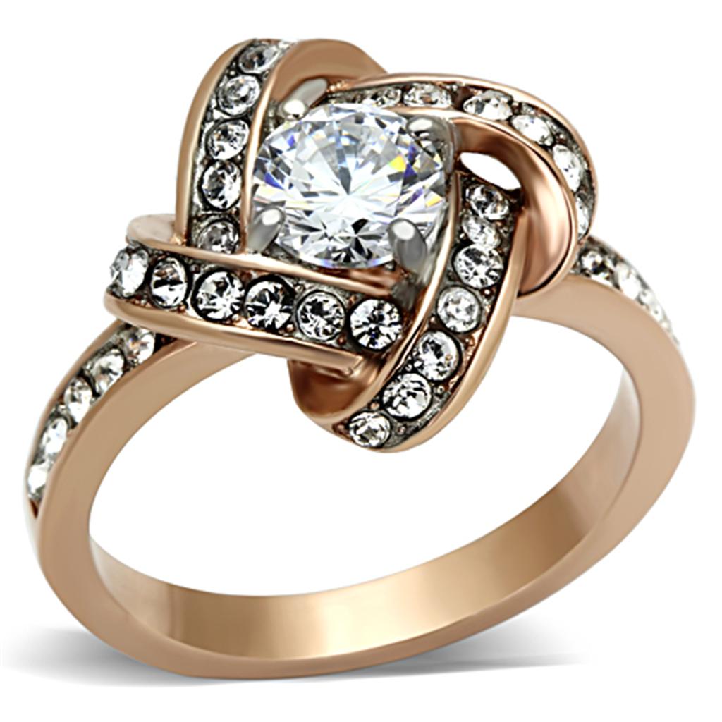 JCE1166 Two-Tone IP Rose Gold Stainless Steel Ring with AAA Grade CZ in Clear