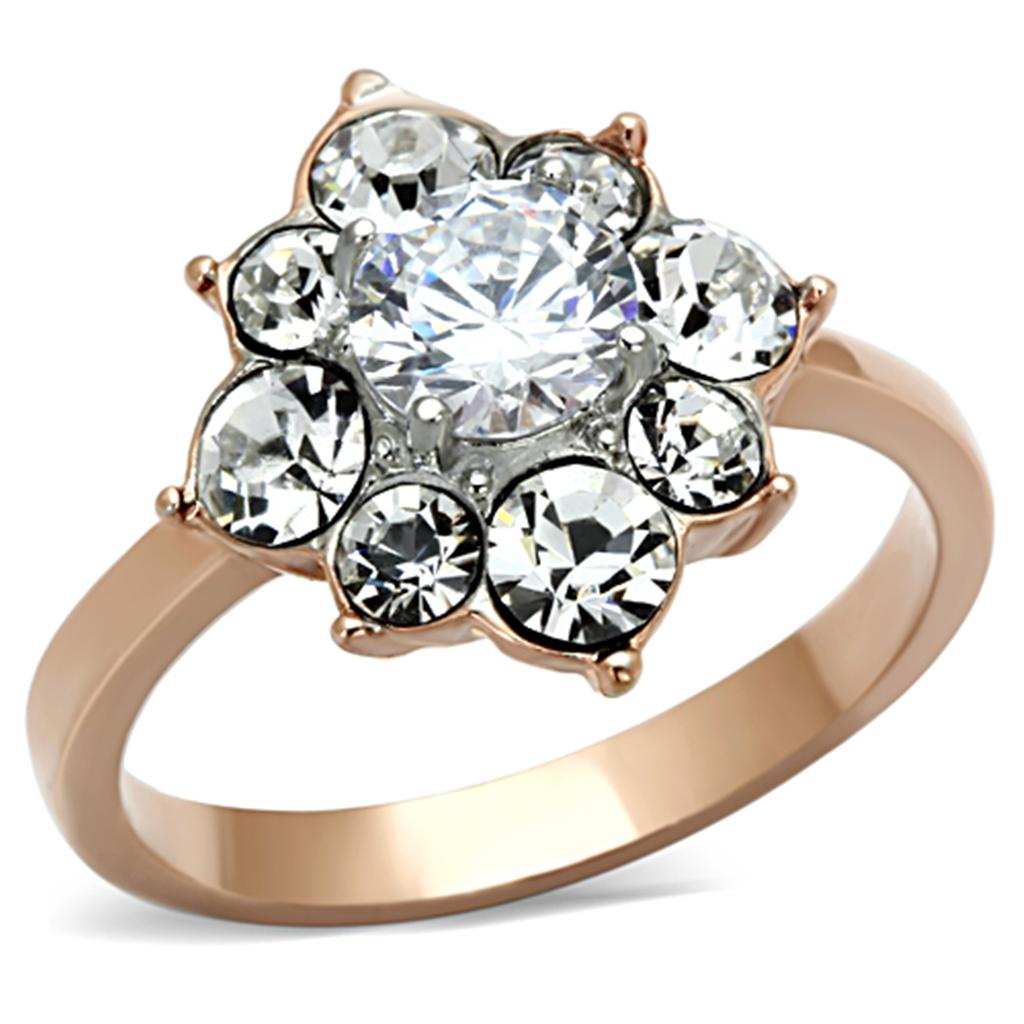 JCE1168 Two-Tone IP Rose Gold Stainless Steel Ring with AAA Grade CZ in Clear
