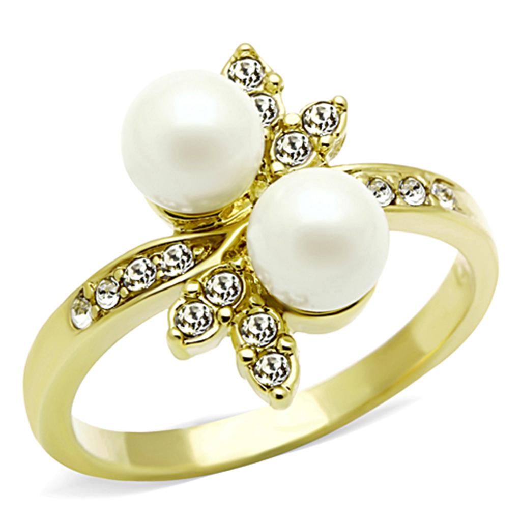 JCE116G IP Gold(Ion Plating) Stainless Steel Ring with Synthetic Pearl in White