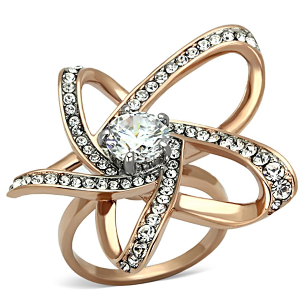 JCE1170 Two-Tone IP Rose Gold Stainless Steel Ring with AAA Grade CZ in Clear