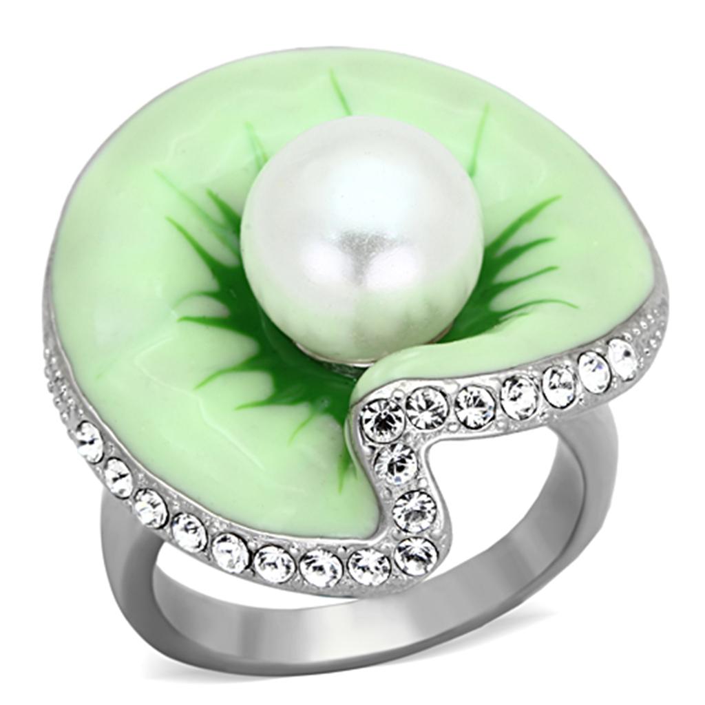 JCE1171 High polished (no plating) Stainless Steel Ring with Synthetic Pearl in White