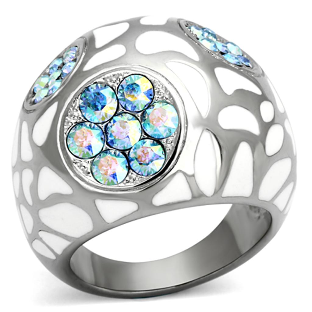 JCE1172 High polished (no plating) Stainless Steel Ring with Top Grade Crystal in Aquamarine AB