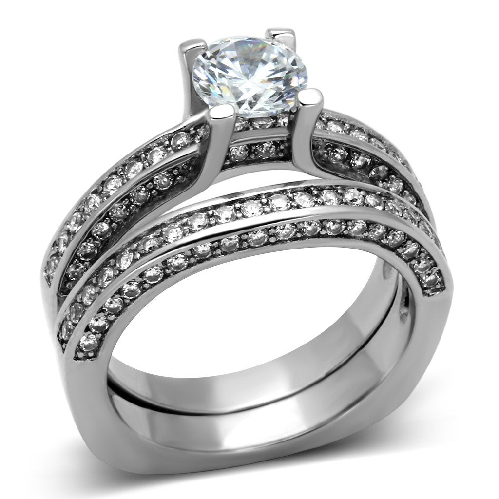 JCE1175 High polished (no plating) Stainless Steel Ring with AAA Grade CZ in Clear