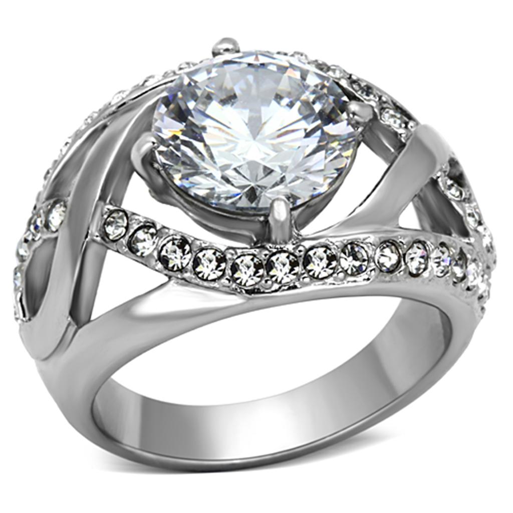 JCE1176 High polished (no plating) Stainless Steel Ring with AAA Grade CZ in Clear