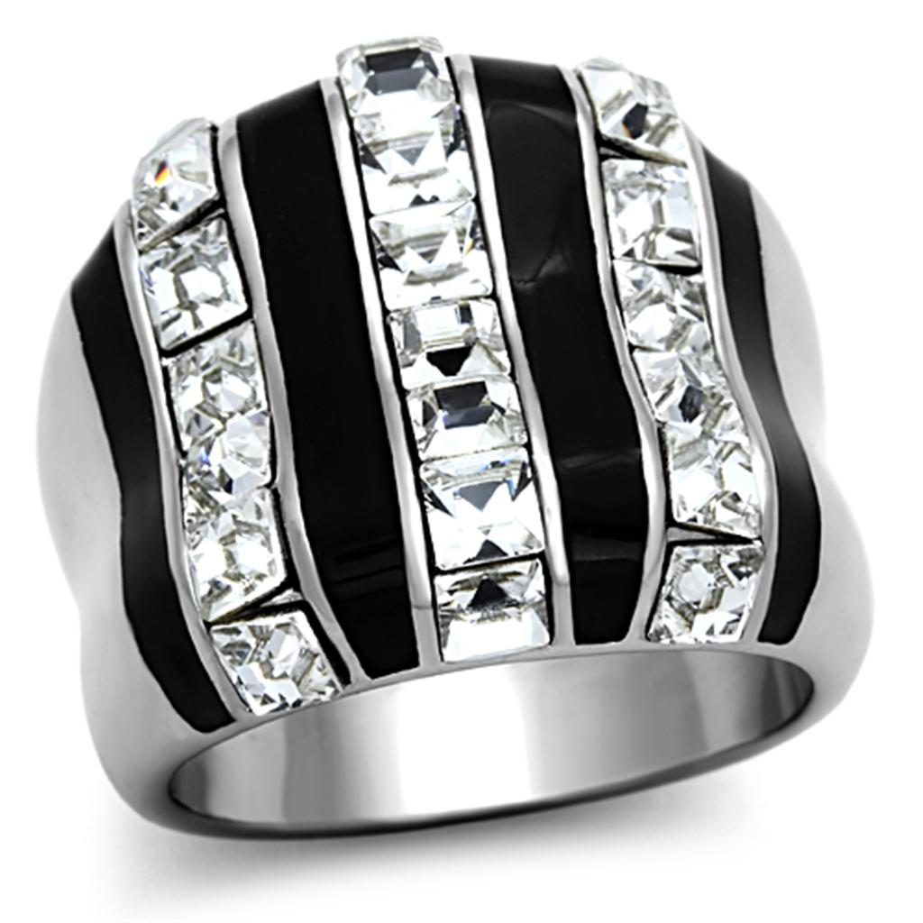 JCE1213 High polished (no plating) Stainless Steel Ring with Top Grade Crystal in Clear