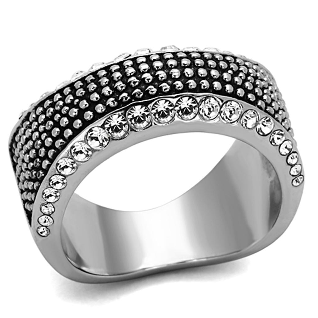 JCE1216 High polished (no plating) Stainless Steel Ring with Top Grade Crystal in Clear