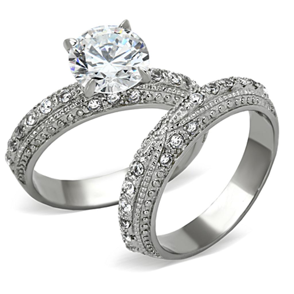 JCE1228 High polished (no plating) Stainless Steel Ring with AAA Grade CZ in Clear