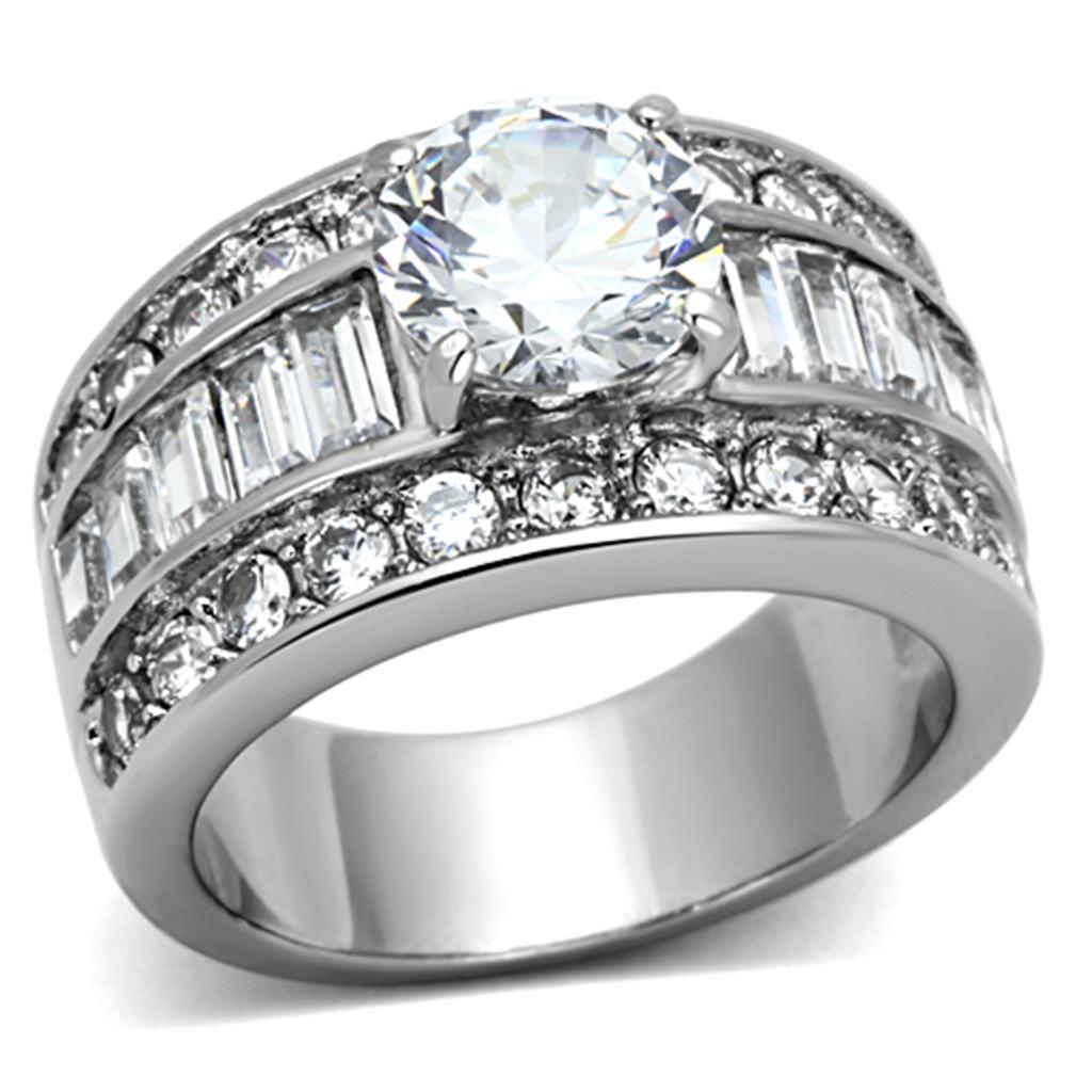 JCE1232 High polished (no plating) Stainless Steel Ring with AAA Grade CZ in Clear