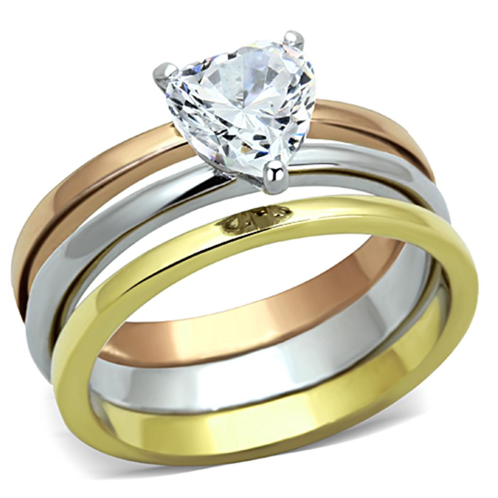 JCE1274 Three Tone IP+»-+-åIP Gold & IP Rose Gold & High Polished) Stainless Steel Ring with AAA Grade CZ in Clear