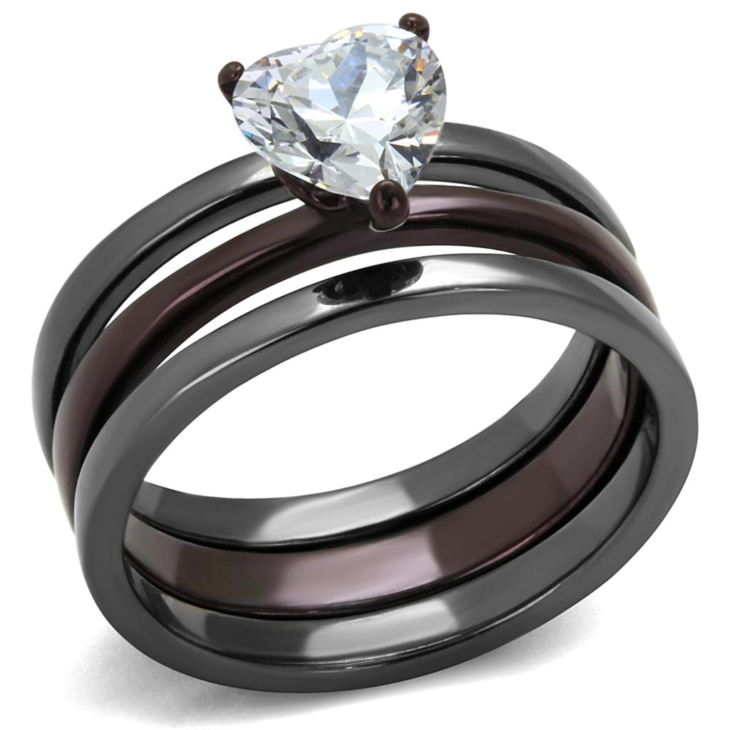 JCE1274DC IP Light Black (IP Gun) & IP Dark Brown (IP coffee) Stainless Steel Ring with AAA Grade CZ in Clear