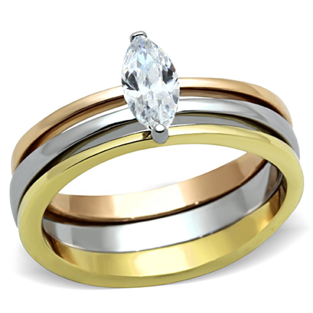 JCE1276 Three Tone IP+»-+-åIP Gold & IP Rose Gold & High Polished) Stainless Steel Ring with AAA Grade CZ in Clear