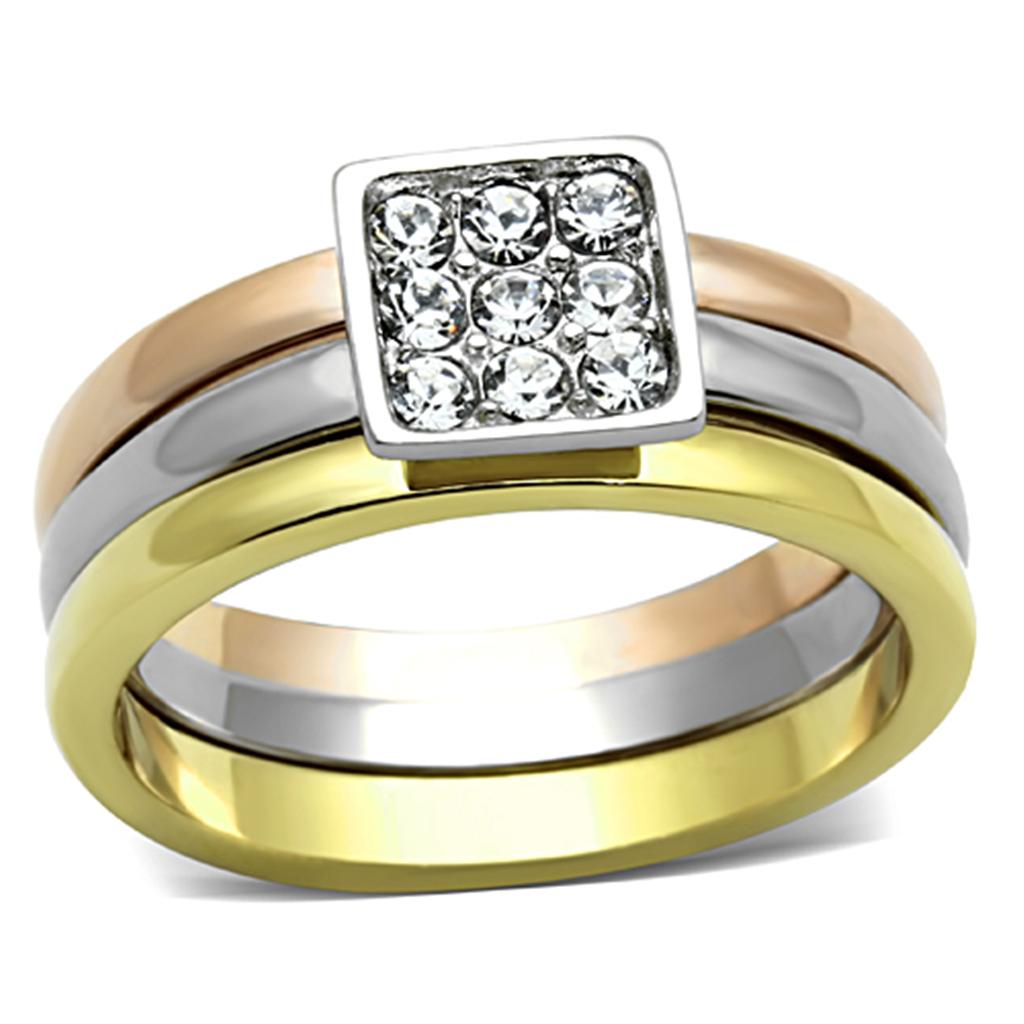 JCE1277 Three Tone IP+»-+-åIP Gold & IP Rose Gold & High Polished) Stainless Steel Ring with Top Grade Crystal in Clear